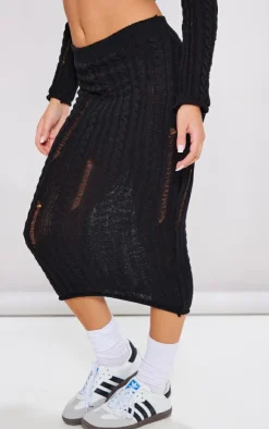 Best PrettyLittleThing Petite Distressed Cable Knit Midaxi Skirt Black