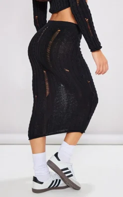 Best PrettyLittleThing Petite Distressed Cable Knit Midaxi Skirt Black