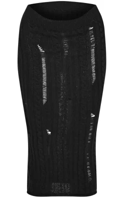 Best PrettyLittleThing Petite Distressed Cable Knit Midaxi Skirt Black