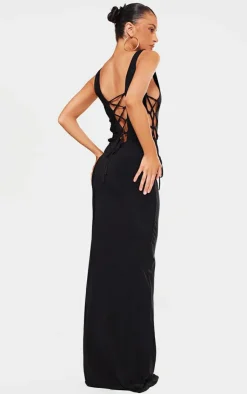 Petite Double Layer Lace Up Detail Maxi Dress-PrettyLittleThing