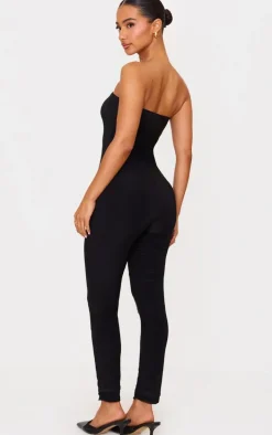 Petite Black Double Layer Bandeau Straight Leg Jumpsuit