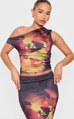 Outlet PrettyLittleThing Petite Double Slinky Flower Print Asymmetric Top Black