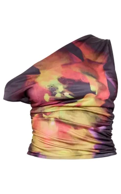 Outlet PrettyLittleThing Petite Double Slinky Flower Print Asymmetric Top Black