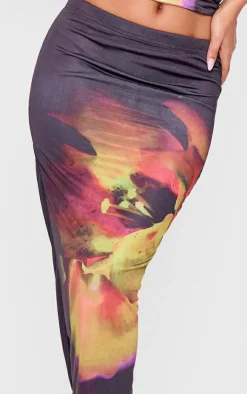 Clearance PrettyLittleThing Petite Double Slinky Flower Print Maxi Skirt Black