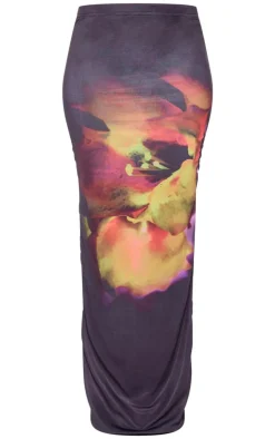 Clearance PrettyLittleThing Petite Double Slinky Flower Print Maxi Skirt Black