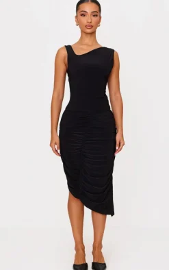 Sale PrettyLittleThing Petite Double Slinky Asymmetric Midi Skirt Black