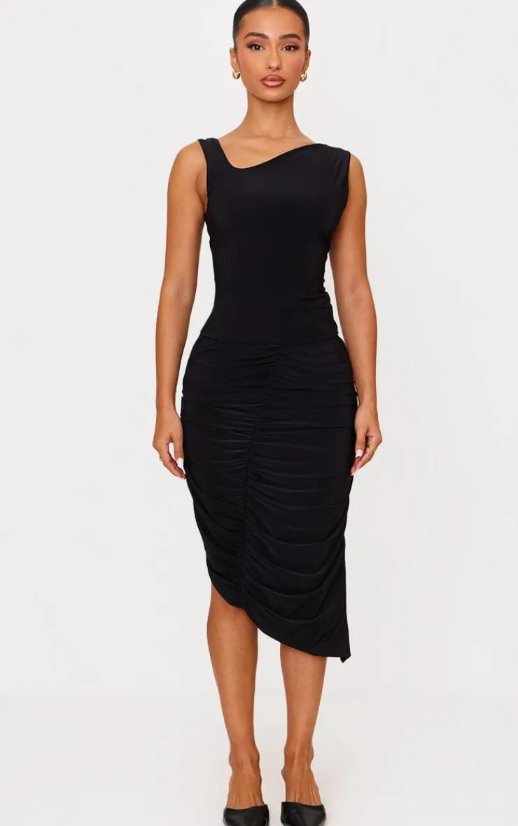 Sale PrettyLittleThing Petite Double Slinky Asymmetric Midi Skirt Black