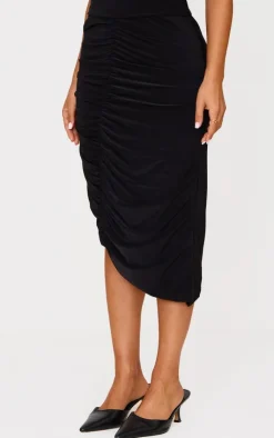 Sale PrettyLittleThing Petite Double Slinky Asymmetric Midi Skirt Black