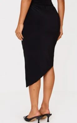 Sale PrettyLittleThing Petite Double Slinky Asymmetric Midi Skirt Black