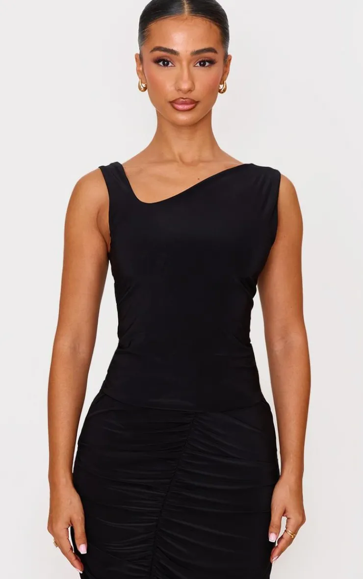 Sale PrettyLittleThing Petite Double Slinky Asymmetric Midi Skirt Black