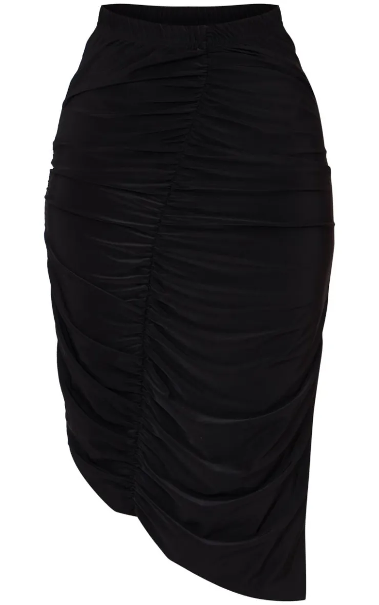 Sale PrettyLittleThing Petite Double Slinky Asymmetric Midi Skirt Black