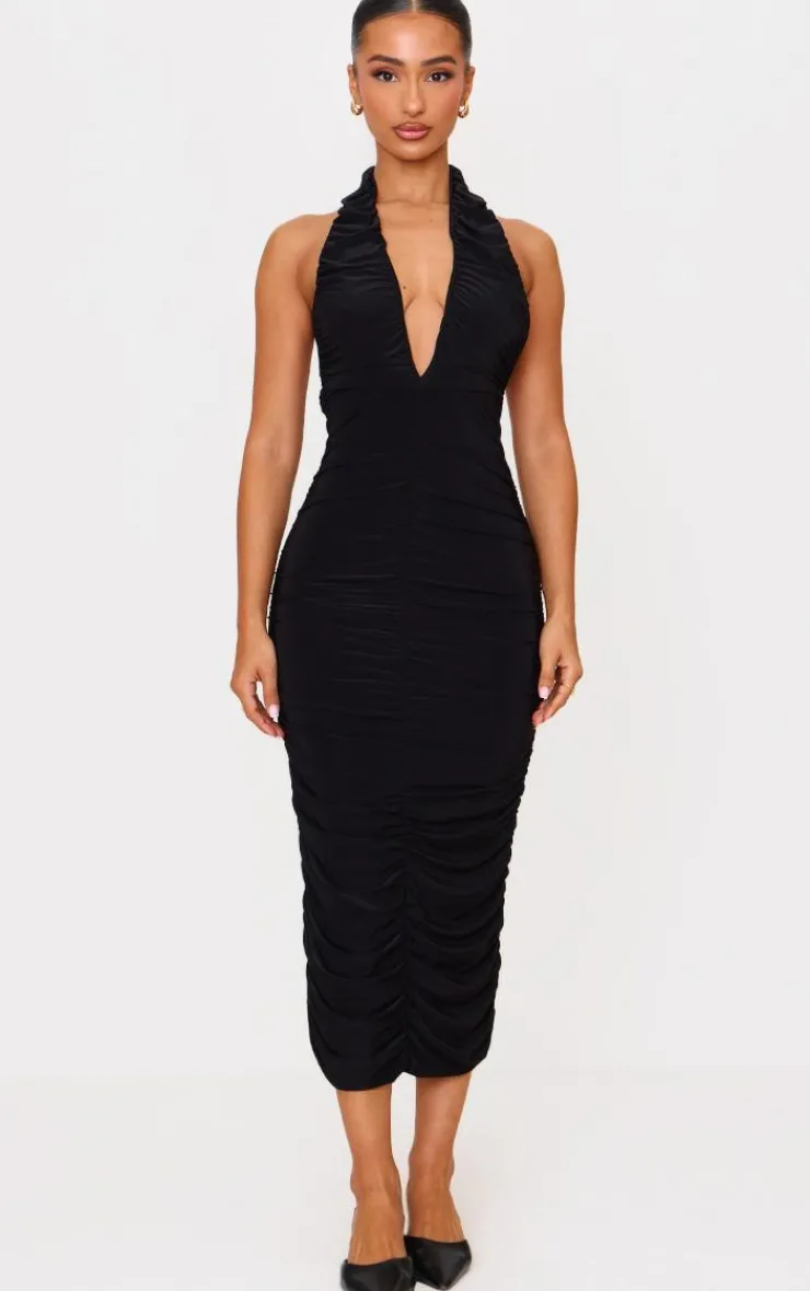 Petite Double Slinky Plunge Midi Dress-PrettyLittleThing New