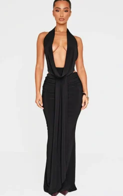 Best PrettyLittleThing Petite Drape Detail Maxi Skirt Black