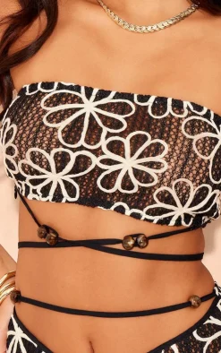 Online PrettyLittleThing Petite Embroidered Flower Bandeau Top Black