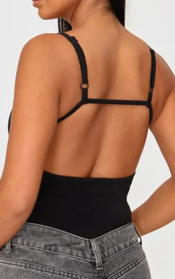 Petite Black Embroidered Strappy Bodysuit
