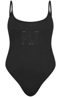 Petite Black Embroidered Strappy Bodysuit