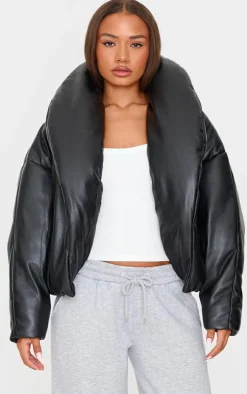 PrettyLittleThing Puffer Jackets*Petite Exaggerated Collar PU Puffer Coat