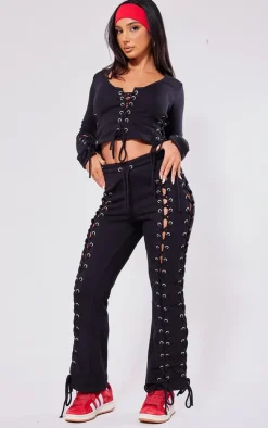 Sale PrettyLittleThing Petite Eyelet Detail Lace Up Sweatpants Black