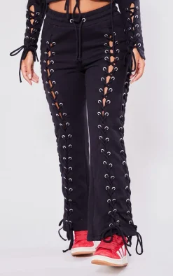 Sale PrettyLittleThing Petite Eyelet Detail Lace Up Sweatpants Black
