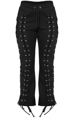 Sale PrettyLittleThing Petite Eyelet Detail Lace Up Sweatpants Black