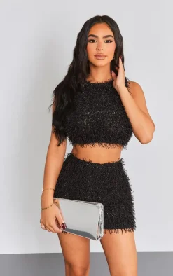 Hot PrettyLittleThing Petite Faux Glitter Feather Crop Top Black