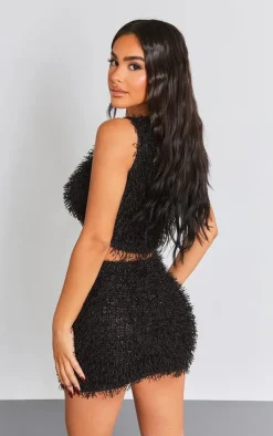 Hot PrettyLittleThing Petite Faux Glitter Feather Crop Top Black
