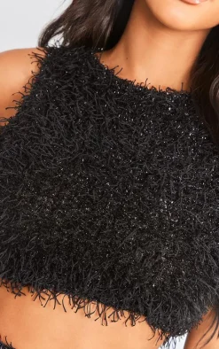 Hot PrettyLittleThing Petite Faux Glitter Feather Crop Top Black