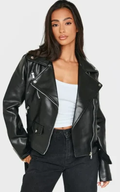 PrettyLittleThing Faux Leather Jackets*Petite Faux Leather Zip Detail Biker Jacket