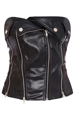 Outlet PrettyLittleThing Petite Faux Leather Zip Detail Corset Top Black