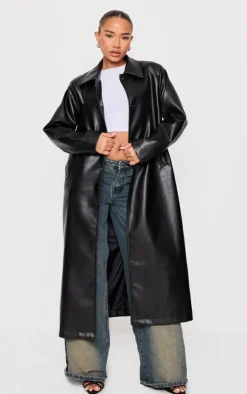 PrettyLittleThing Trench Coats*Petite Faux Leather Maxi Trench Coat