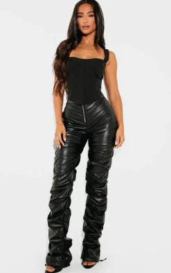 Petite Faux Leather Zip Front Ruched Detail Skinny Pants-PrettyLittleThing Best