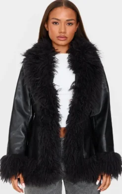 PrettyLittleThing Faux Leather Jackets*Petite Faux Leather Longline Jacket With Fur Trims