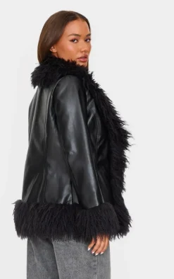 PrettyLittleThing Faux Leather Jackets*Petite Faux Leather Longline Jacket With Fur Trims