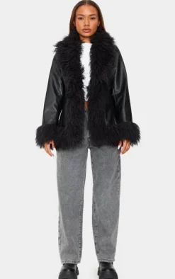 PrettyLittleThing Faux Leather Jackets*Petite Faux Leather Longline Jacket With Fur Trims