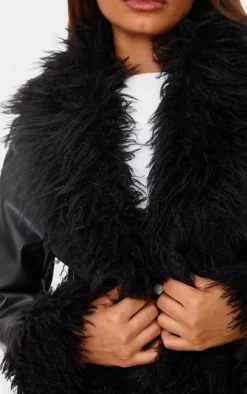 PrettyLittleThing Faux Leather Jackets*Petite Faux Leather Longline Jacket With Fur Trims