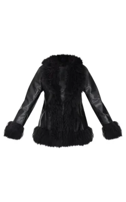 PrettyLittleThing Faux Leather Jackets*Petite Faux Leather Longline Jacket With Fur Trims