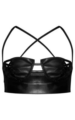 Sale PrettyLittleThing Petite Faux Leather Lace Up Top Black