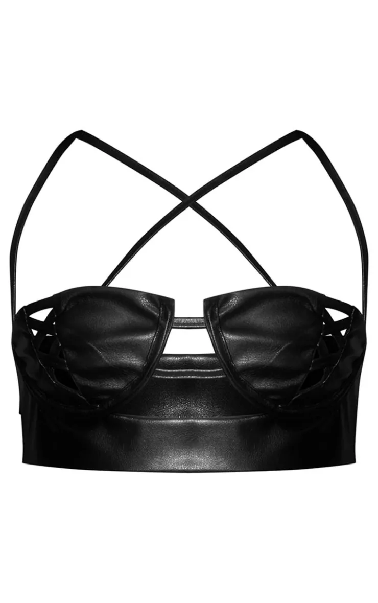 Sale PrettyLittleThing Petite Faux Leather Lace Up Top Black