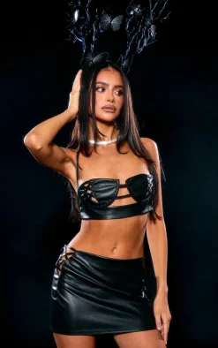 PrettyLittleThing Petite Faux Leather Lace Up Mini Skirt Black