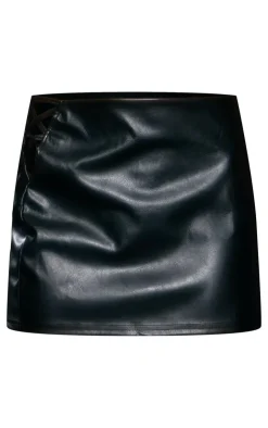 PrettyLittleThing Petite Faux Leather Lace Up Mini Skirt Black