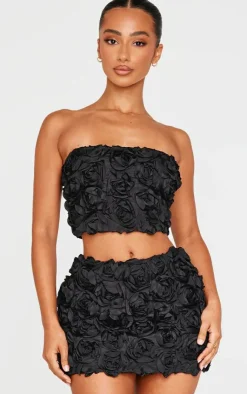 Online PrettyLittleThing Petite Flower Detail Bandeau Top Black