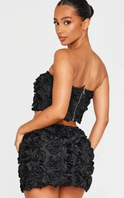 Online PrettyLittleThing Petite Flower Detail Bandeau Top Black