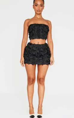 Online PrettyLittleThing Petite Flower Detail Bandeau Top Black