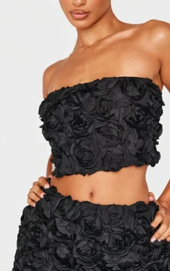 Online PrettyLittleThing Petite Flower Detail Bandeau Top Black