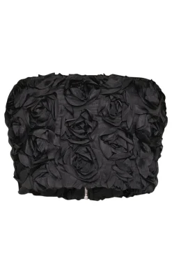 Online PrettyLittleThing Petite Flower Detail Bandeau Top Black