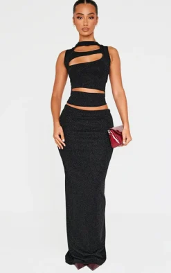 Discount PrettyLittleThing Petite Glitter Maxi Skirt Black