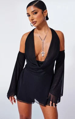 Petite Halterneck Long Sleeve Romper-PrettyLittleThing Online