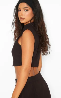 Discount PrettyLittleThing Petite High Neck Linen Look Top Black