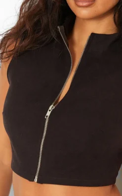 Discount PrettyLittleThing Petite High Neck Linen Look Top Black