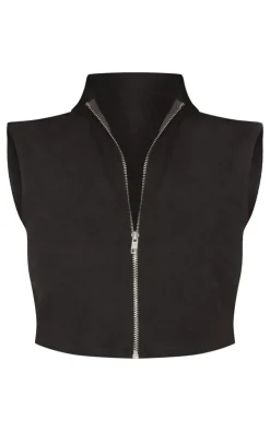 Discount PrettyLittleThing Petite High Neck Linen Look Top Black